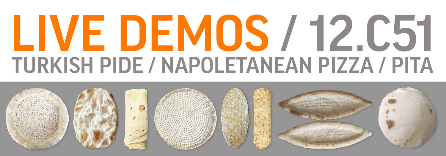 Banner with the texts LIVE DEMOS / 12.C51 and TURKISH PIDE / NAPOLETANEAN PIZZA / PITA, above images of various flatbreads and pizzas, including round, oval and folded versions on a gray background.