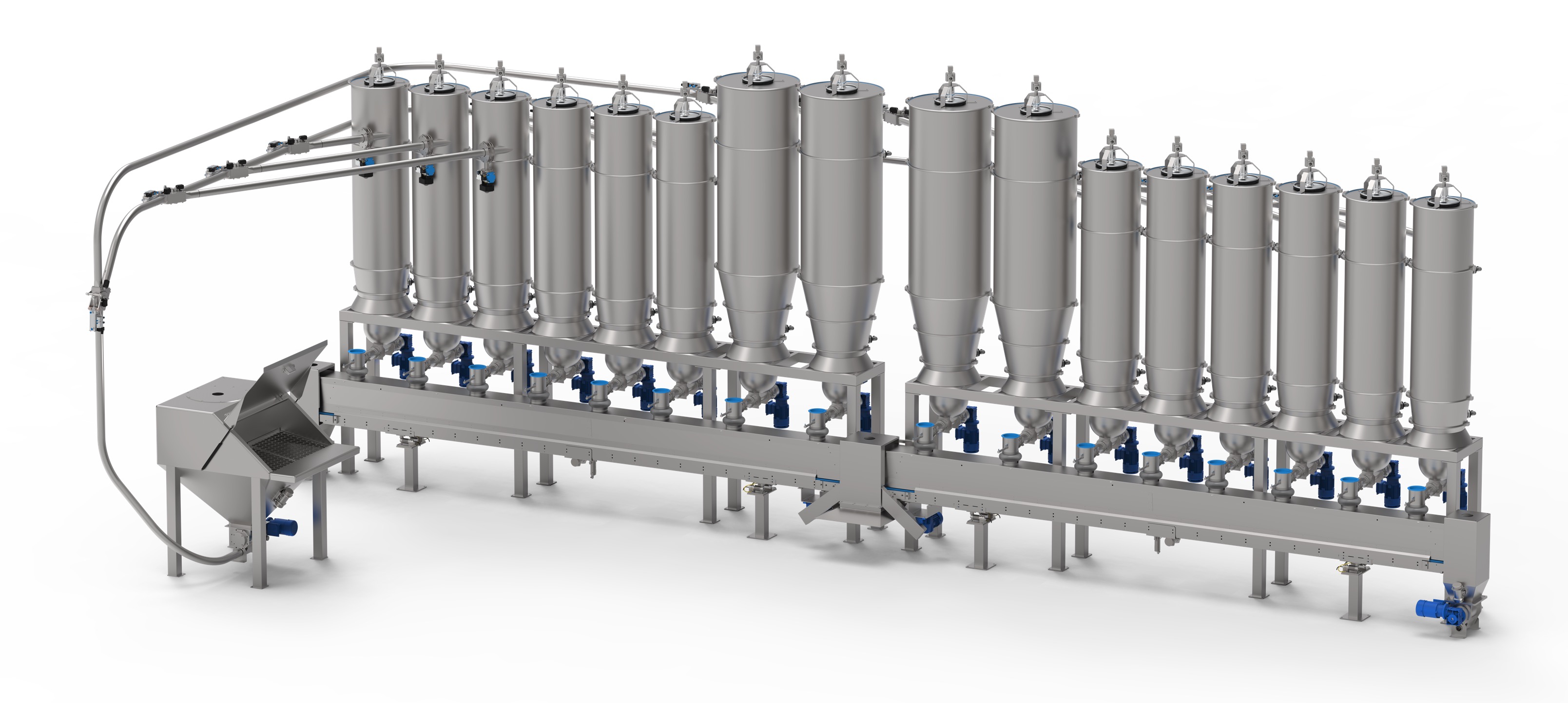 Große Industrieanlage mit mehreren hohen, zylindrischen Metallbehältern, die durch Rohre und Ventile verbunden sind. Sie ist auf einem Metallrahmen montiert und verfügt über eine Steuereinheit auf der linken Seite. Der Aufbau wirkt sauber und übersichtlich.
