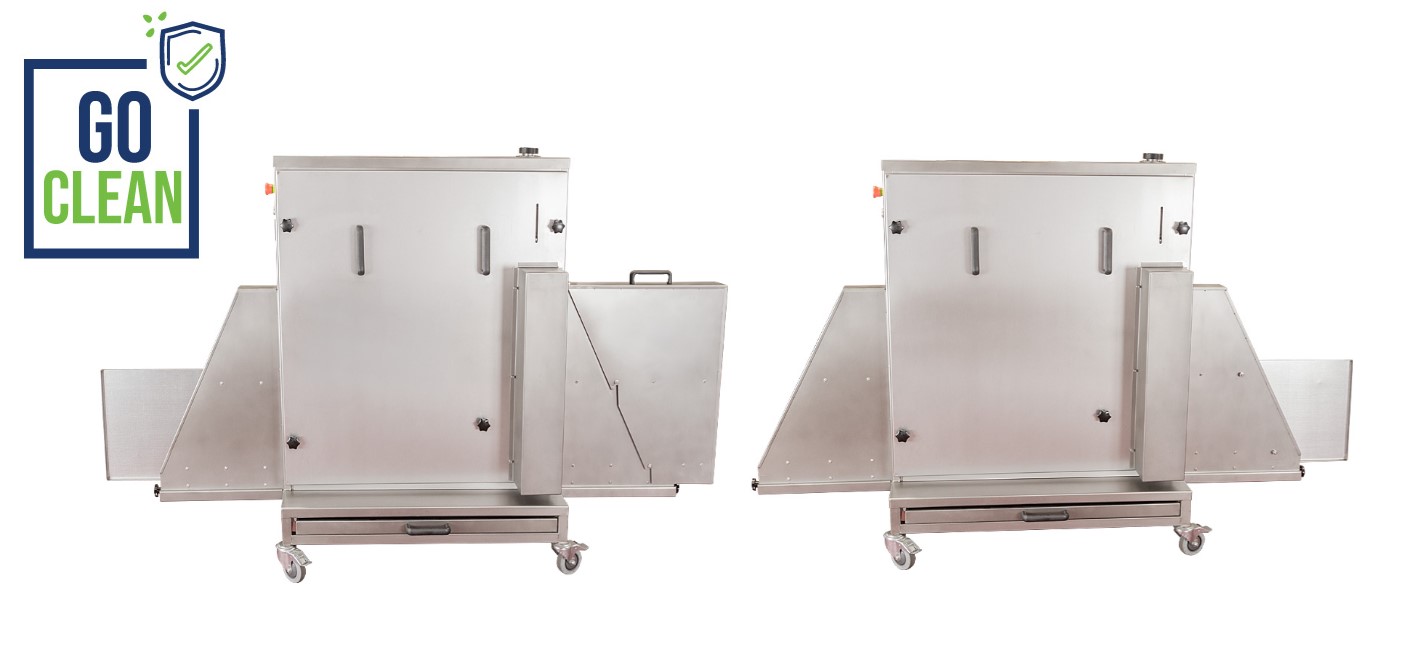 Two large stainless steel industrial cleaning machines on wheels, positioned side by side against a white background. A GO CLEAN logo with a green check mark and shield is in the top left corner.