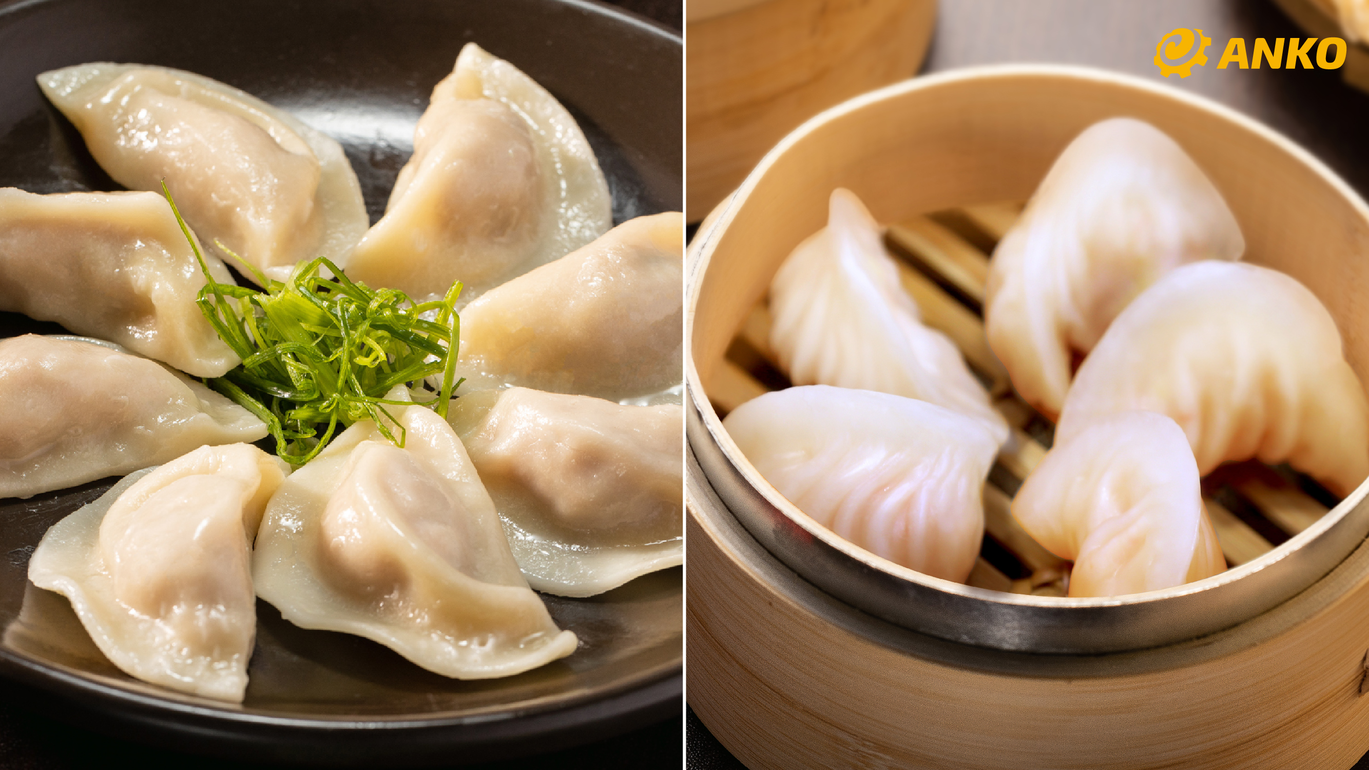 A plate of boiled dumplings arranged in a circle with green garnish on the left, and a bamboo steamer basket with steamed dumplings on the right. The ANKO logo is in the top right corner.