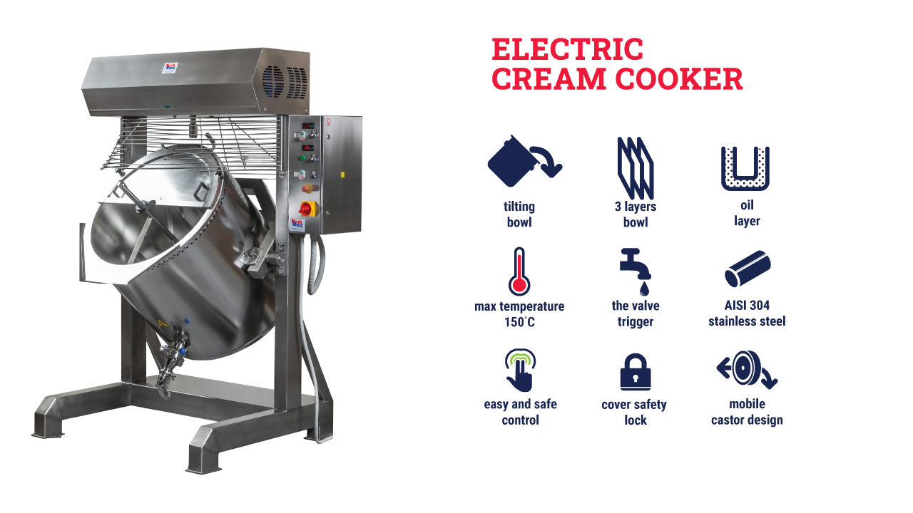 Electric cream cooker with a tilting stainless steel bowl, control panel, and safety cover. Features listed include: max temperature 150°C, oil layer, easy control, valve trigger, and mobile castor wheels.