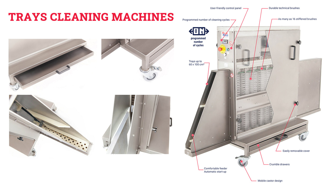 Image of a stainless steel tray cleaning machine with labeled features, including a control panel, removable cover, adjustable tray slots, storage tray, technical brushes, easy drainage, and wheels for mobility.