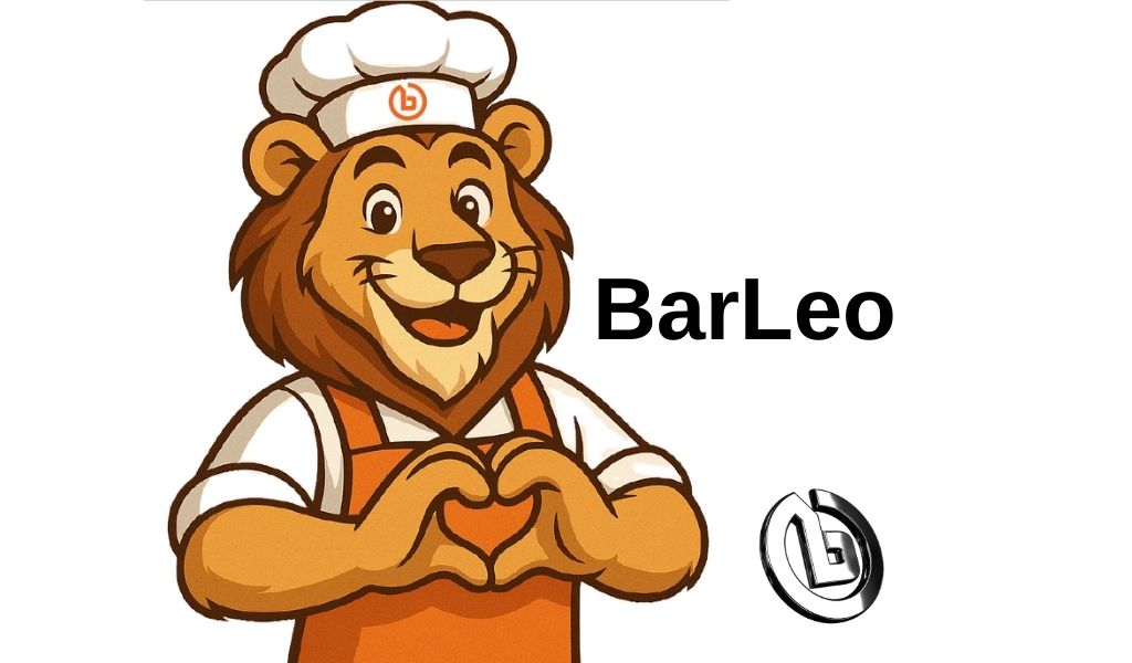 A cartoon lion wearing a chef’s hat and orange apron forms a heart shape with its paws. The text BarLeo appears beside the lion, along with a round logo featuring the letter b.