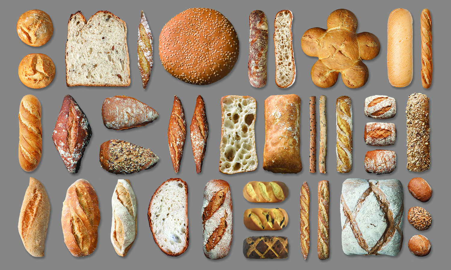 Various types of bread in different shapes, sizes and with different crusts are arranged on a gray background, including loaves, rolls, baguettes, grain breads and rustic artisan breads.
