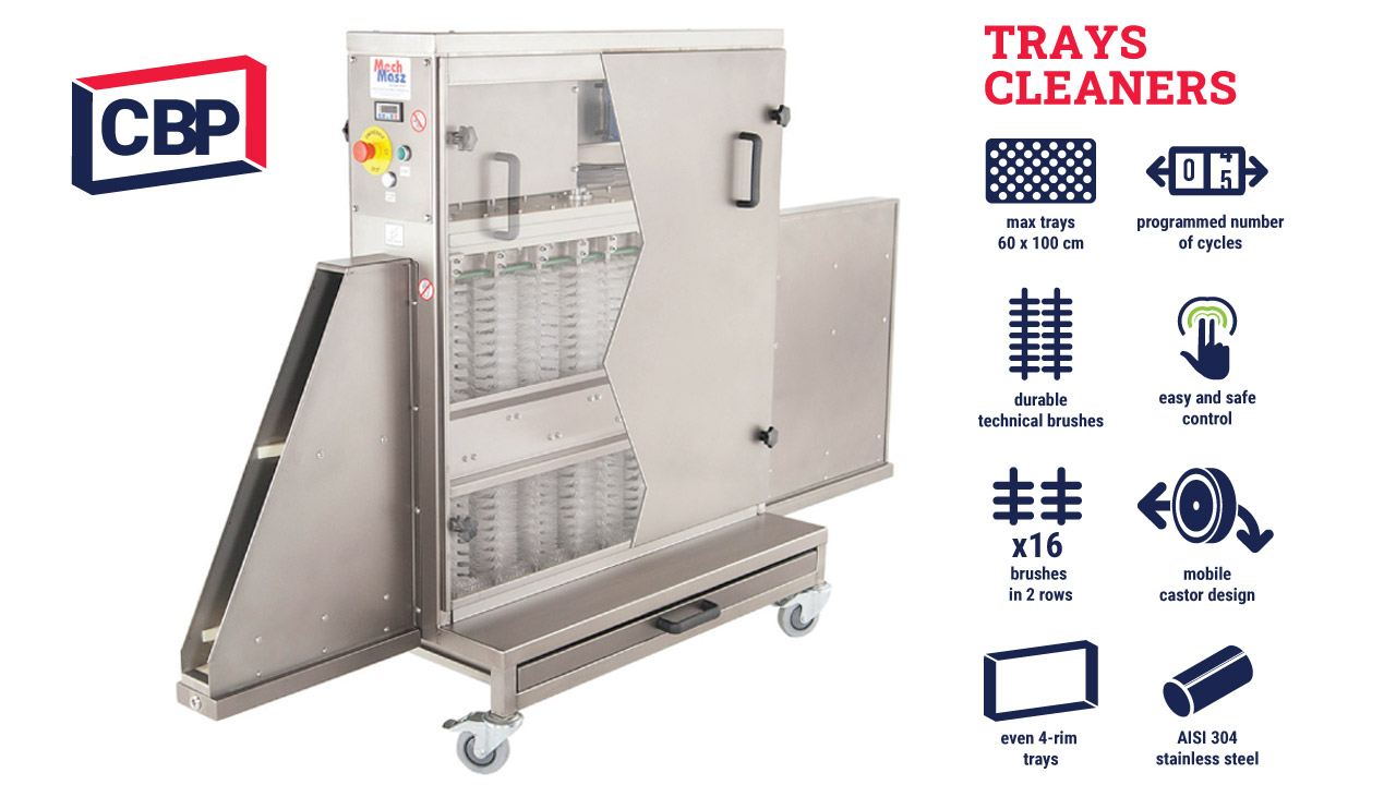 A stainless steel tray cleaning machine with open and closed doors, control panel, and wheels. Next to it are icons and text highlighting features like 16 brushes, max tray size, mobile design, and safety controls.