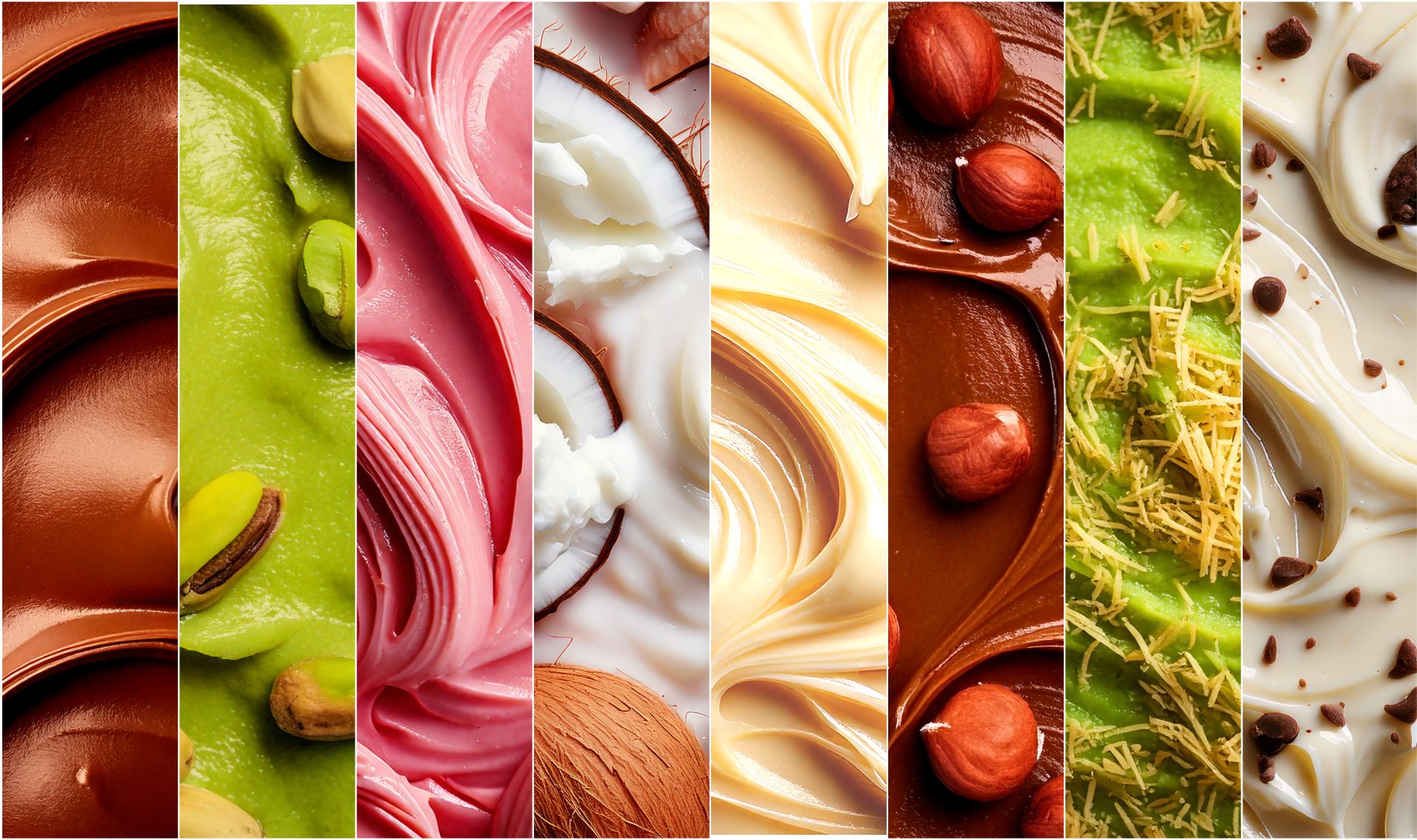 Close-up of colorful gelato and confection slices arranged side by side, featuring rich chocolate, green pistachio, pink berry, white coconut, hazelnut, shredded pastry, and chocolate chip flavors with their toppings.