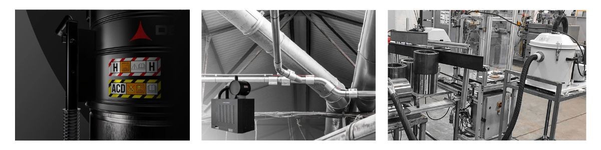 Triptych of industrial scenes: a black barrel with labels and a nozzle, a surveillance camera mounted among pipes on a ceiling, and machinery with metal parts in a factory setting.