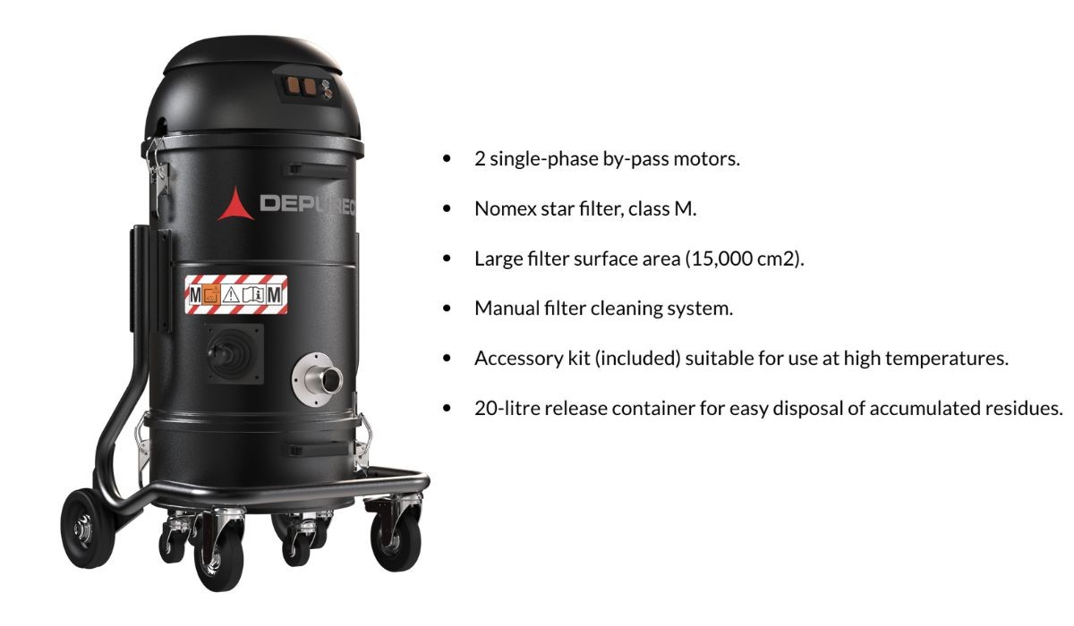 Abgebildet ist ein schwarzer Industriesauger auf Rädern mit folgenden Merkmalen: 2 einphasige Bypass-Motoren, Nomex-Sternfilter, große Filterfläche, manuelle Reinigung, Zubehörsatz für hohe Temperaturen und 20-Liter-Ablassbehälter.