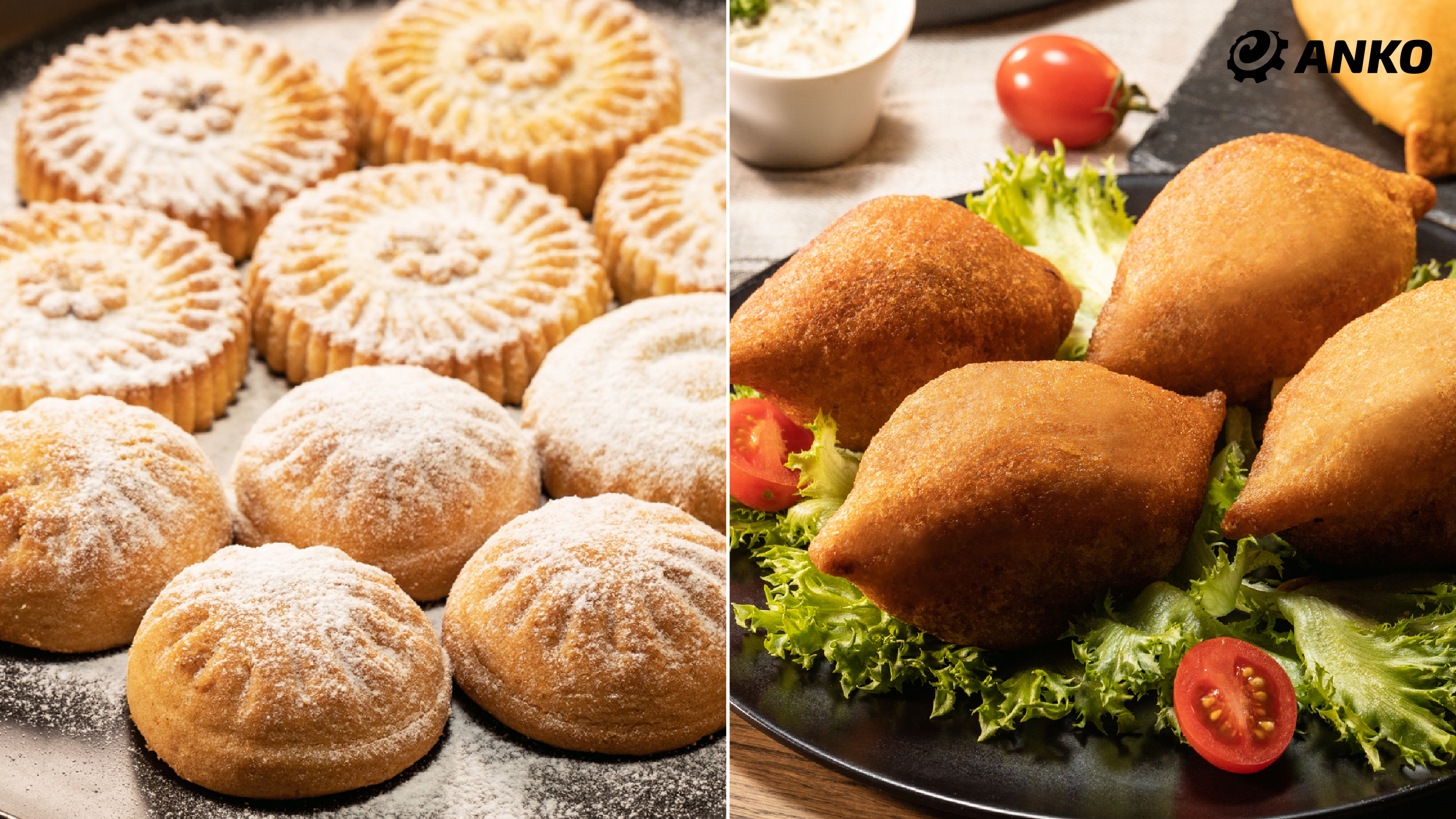 A split image shows two types of pastry: on the left, powdered sugar-covered round pastries with decorative tops; on the right, golden fried pastries served on lettuce with cherry tomato halves.