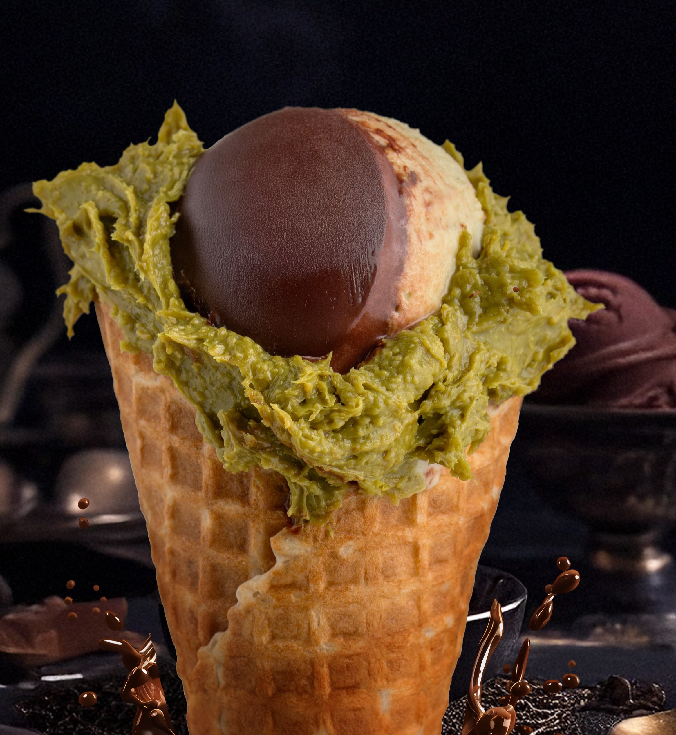 A waffle ice cream cone filled with green matcha cream and topped with a scoop of chocolate-covered ice cream, set against a dark, blurred background.