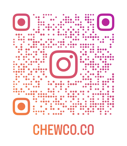 A QR code in pink and orange gradient with the Instagram logo in the middle and the text CHEWCO.CO underneath.