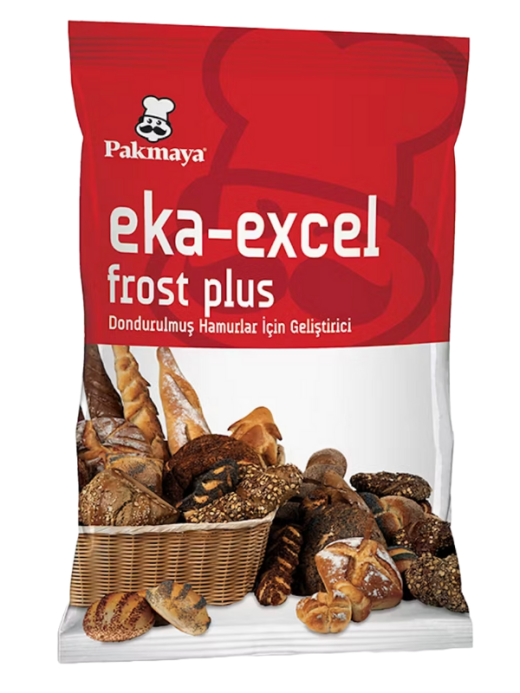 A bag of Pakmaya eka-excel frost plus, a bread improver for frozen doughs. The packaging features images of assorted bread loaves and rolls on the front. Text is in Turkish with a red and white design.