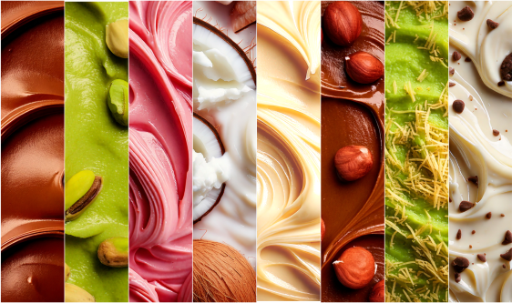 Eine bunte Reihe aus neun verschiedenen cremigen Aufstrichen oder Gelato, die in vertikalen Abschnitten aufgewirbelt sind und unterschiedliche Farben und Texturen mit Toppings wie Nüssen, Kokosnuss und Schokoladenraspeln aufweisen.