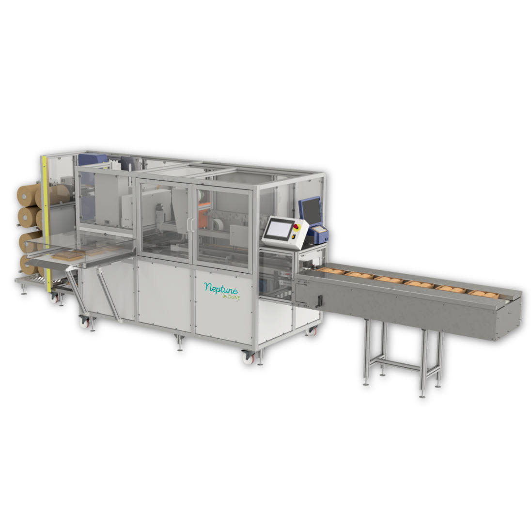 A commercial bread packaging machine with a conveyor belt carrying loaves of bread, rolls of packaging material on the side, and a control panel with a touchscreen. The machine is labeled Neptune.