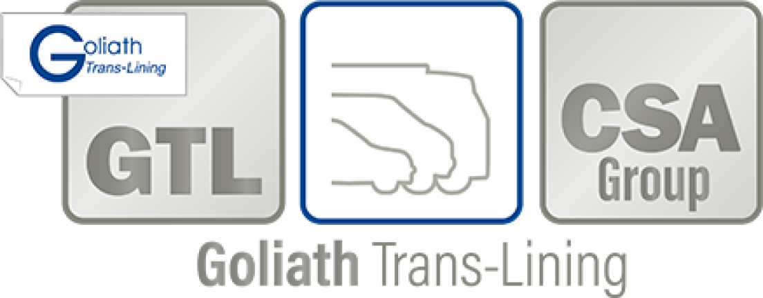 Logo mit drei quadratischen Symbolen: das erste mit GTL und Goliath Trans-Lining, das zweite mit den Umrissen von Lastwagen und das dritte mit der CSA Group. Unter den Symbolen steht „Goliath Trans-Lining“.