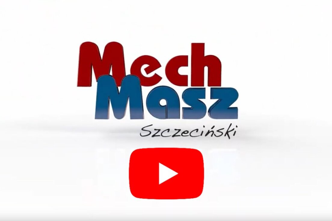 The image features the text Mech Masz Szczeciński in bold red and blue letters on a white background, with a large red YouTube play button icon below the text.
