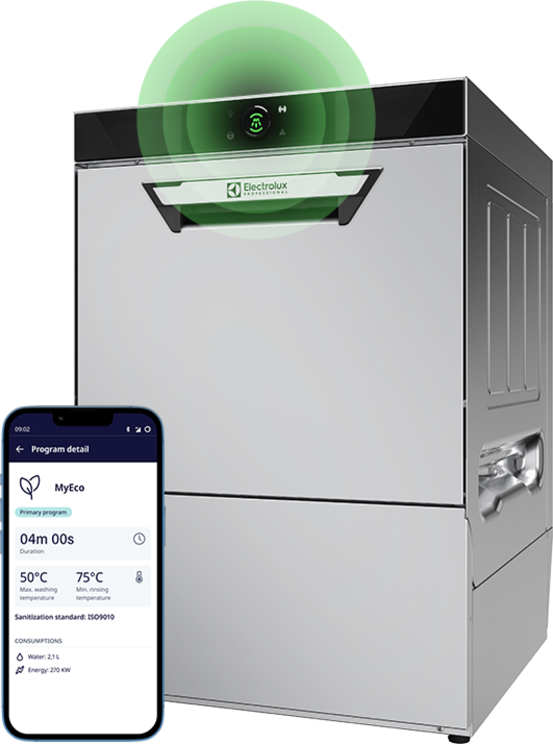 A stainless steel Electrolux dishwasher with a digital control panel emits green signals, shown next to a smartphone displaying the dishwasher’s MyEco program details, including temperature, duration, and energy consumption.