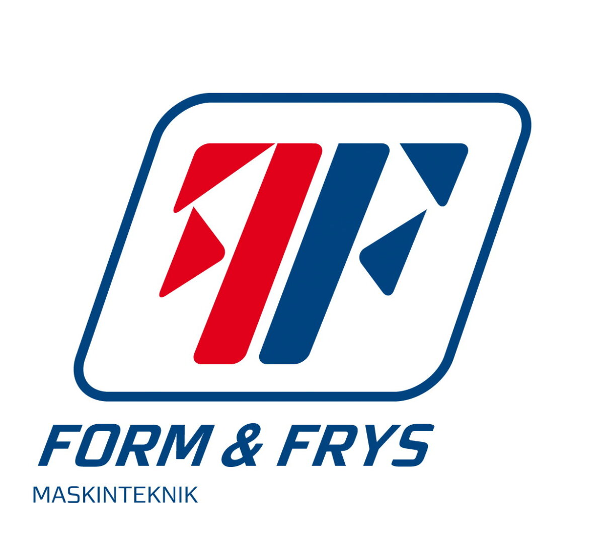 Logo mit stilisierten roten und blauen F-Formen in einem geneigten Rechteck, darüber der Text FORM & FRYS in Blau und darunter MASKINTEKNIK in kleineren blauen Buchstaben auf weißem Hintergrund.