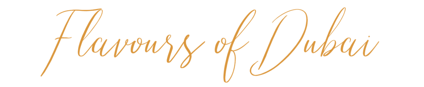 The phrase Flavours of Dubai is written in a stylish, cursive orange font on a transparent background.