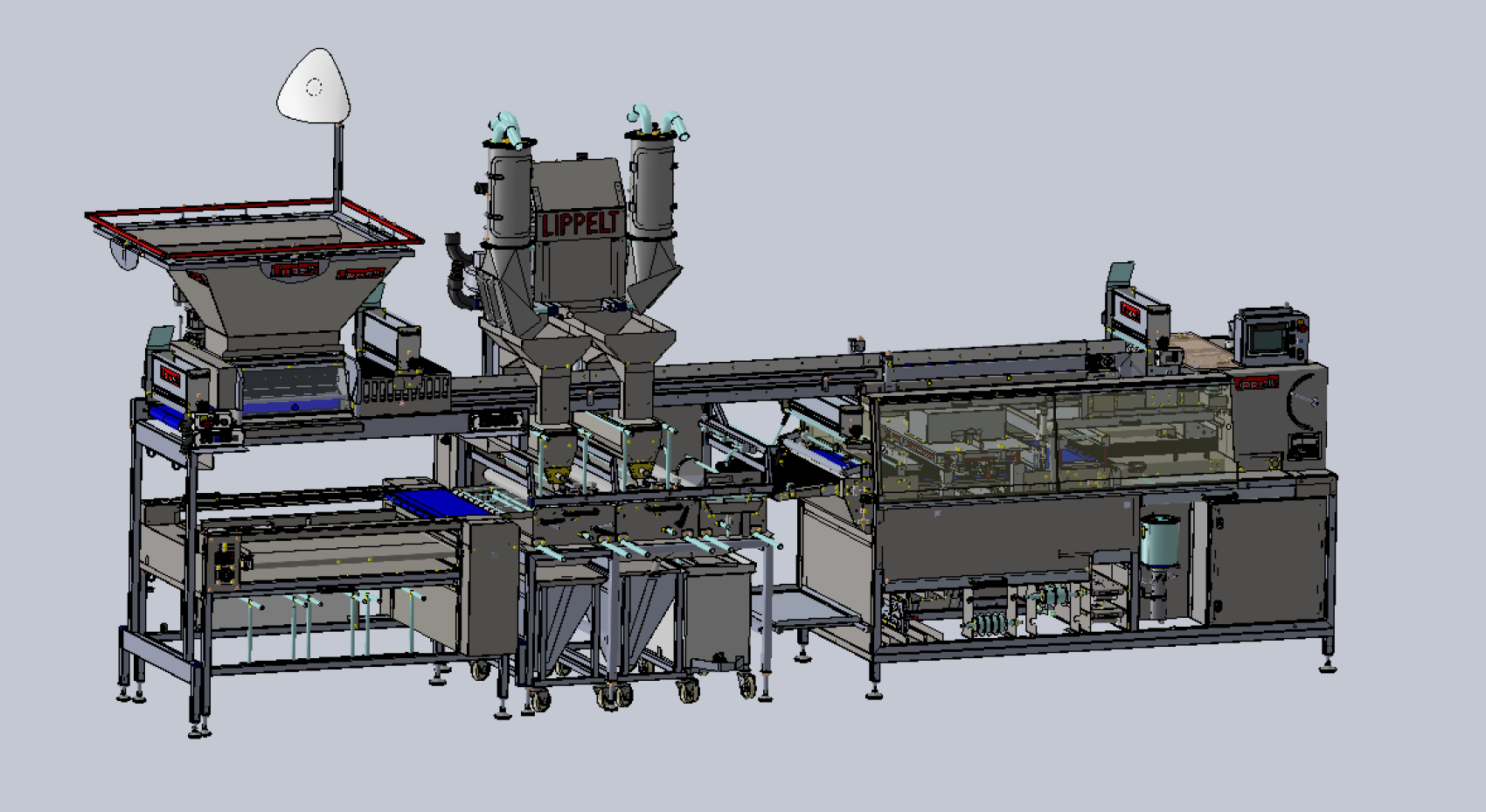 Industrielle Verpackungsmaschine mit Förderbändern, Trichtern, zwei vertikalen Spendern mit der Bezeichnung LIPPET, einem Bedienfeld und verschiedenen mechanischen Komponenten für die automatisierte Verarbeitung und Verpackung.
