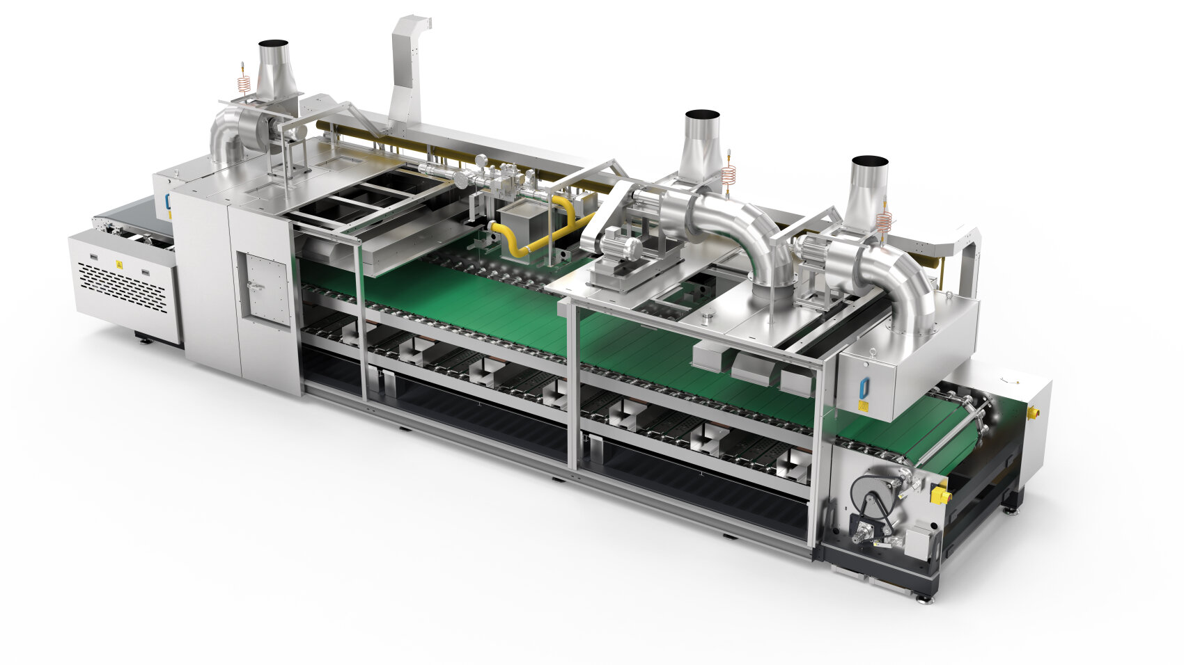 A large industrial food processing machine with multiple metal components, conveyor belts, ventilation pipes, and control panels, designed for automated production in a factory setting.