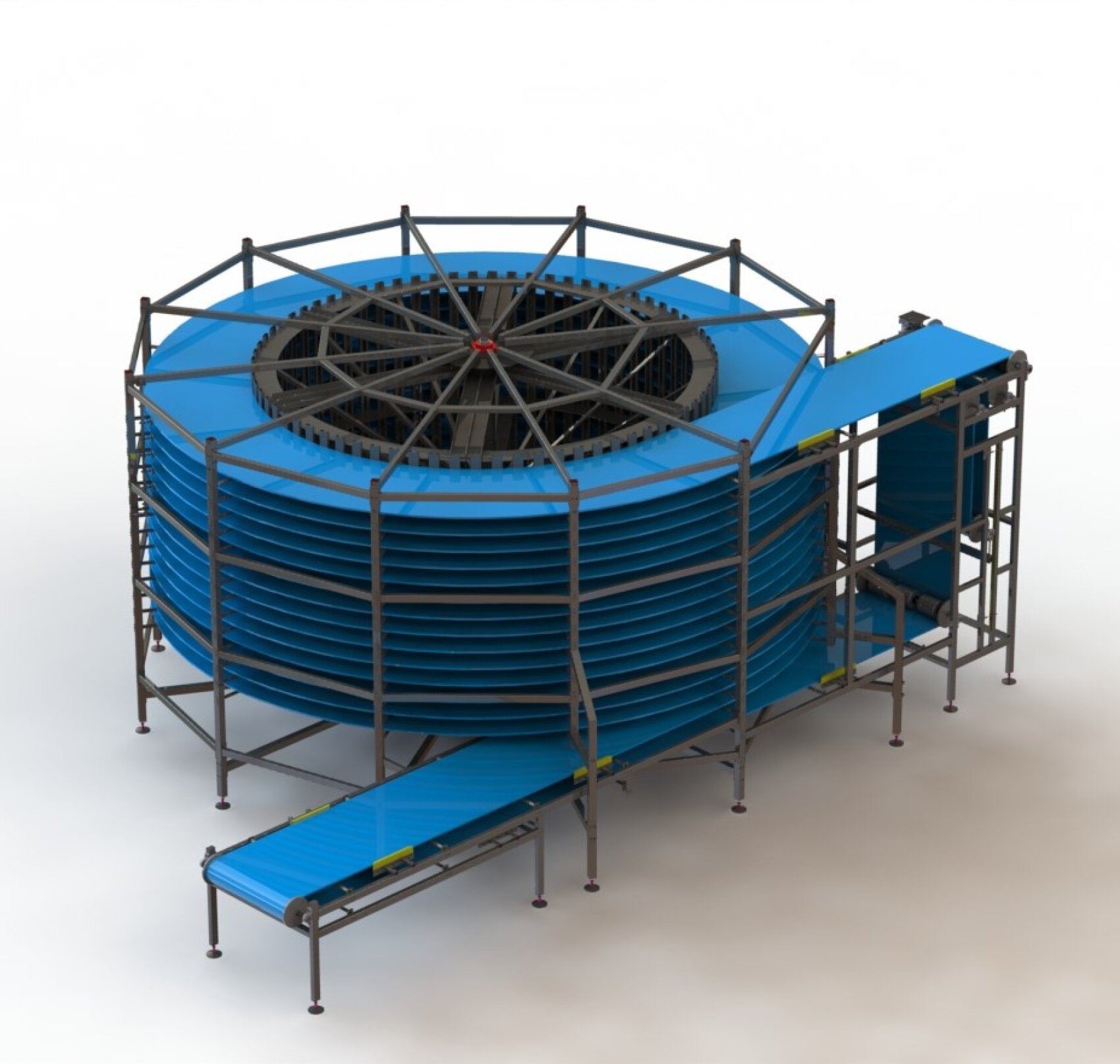Ein großes, industrielles Spiralfördersystem mit blauen Bändern und einem Metallrahmen, das für den vertikalen Transport von Gegenständen in einer kompakten, kreisförmigen Konfiguration konzipiert ist. Das Förderband verfügt über Ein- und Auslaufpunkte in unterschiedlichen Höhen.